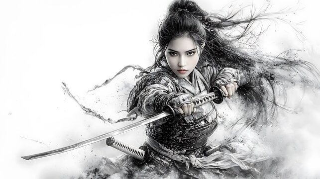 A female samurai wielding a katana in a powerful stance, drawn in charcoal. Her intricate armor and focused expression are enhanced by dramatic lighting and a blurred background for depth. Ultra-Reali