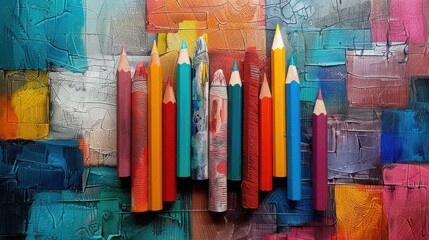 Colorful pencils arranged on textured art canvas.