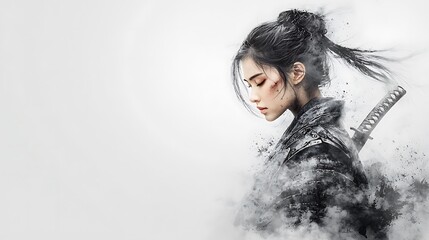 A female warrior standing tall with a katana, her intricate armor glowing under dramatic lighting. The charcoal strokes emphasize depth, with a blurred background accentuating her fierce expression. 