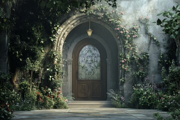 Fototapeta premium Enchanted Garden Entrance: A Mystical Stone Doorway. Digital Background.