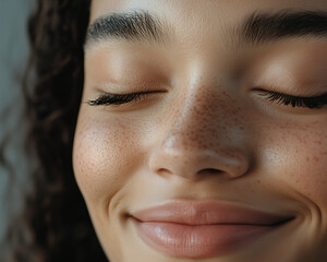 Fototapeta premium Close-up of a young woman with radiant skin, freckles, and a serene smile, her eyes closed, exuding natural beauty and confidence, ideal for beauty, wellness, and skincare themes
