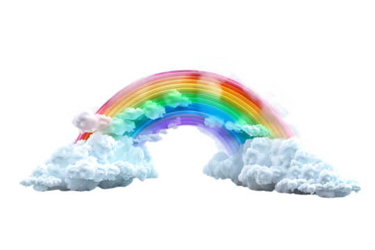 A 3D-Style Rainbow with Bright, Vibrant Colors Arching Over Fluffy Clouds, Isolated on a Transparent Background. Perfect for Whimsical, Nature, or Fantasy-Themed Designs