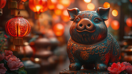Ornate Pig Statue with Red Lanterns for Chinese New Year Celebration