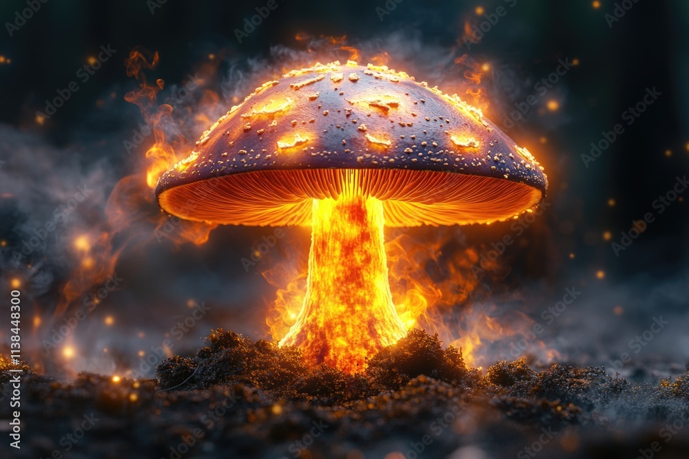Poster a burning mushroom in a dark environment, suitable for use in scenes related to magic or fantasy