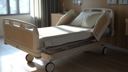 A hospital bed placed in a room with a window, suitable for use in medical or healthcare settings