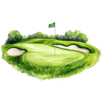 A Serene Golf Course Scene Surrounded by Lush Greenery and Soft Sand Traps in Watercolor Style