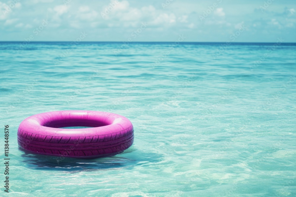 Poster a pink inflatable ring floats in the calm ocean water, great for use as a background or to represent