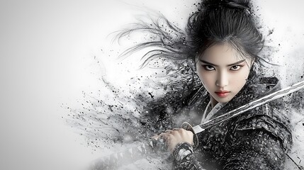 A regal warrior woman gripping a katana, her detailed armor and determined expression showcased in charcoal artistry. The blurred background enhances the scene's dramatic depth and lighting. 