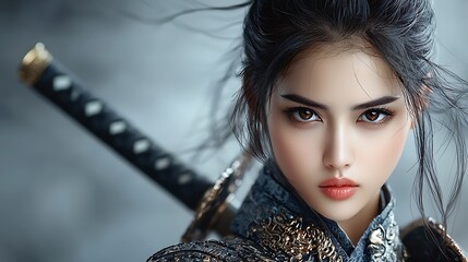 A regal warrior woman gripping a katana, her detailed armor and determined expression showcased in charcoal artistry. The blurred background enhances the scene's dramatic depth and lighting. 
