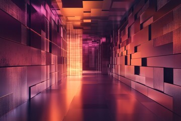 Fototapeta premium Abstract Purple and Orange Glowing Corridor Interior Design. Digital Background.