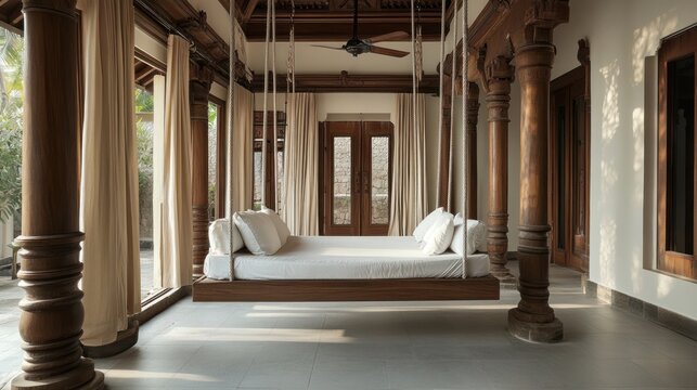 Suspended bed in a luxurious, traditional room with wooden pillars and large windows.