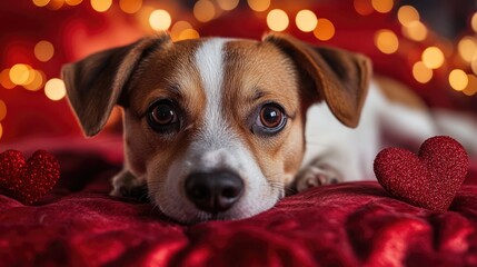 A brown and white dog lying on a cozy red blanket