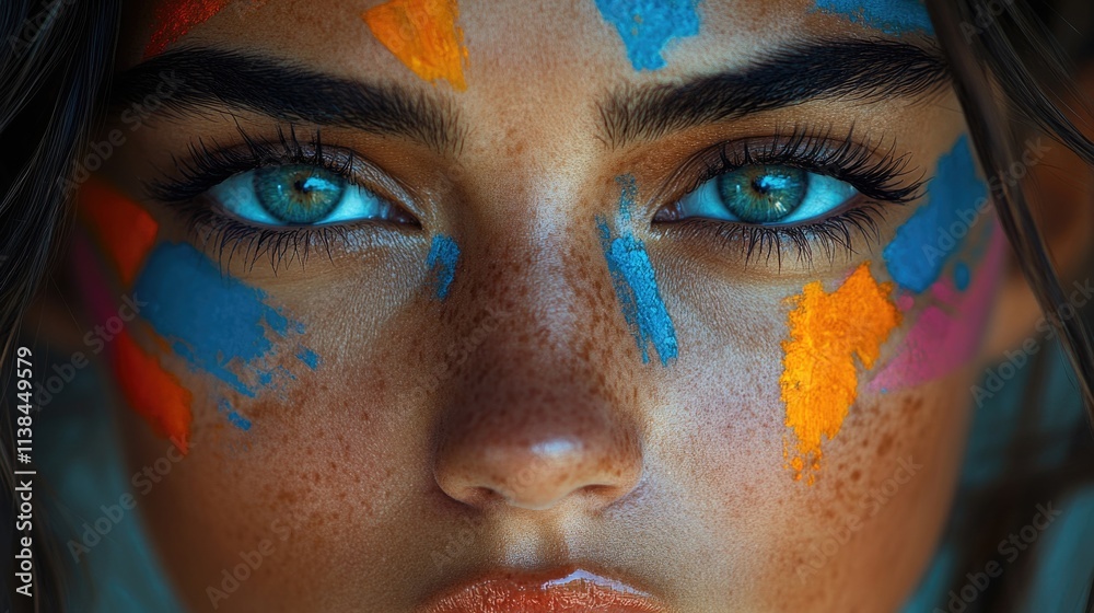 Poster a close-up view of a person with colorful paint on their face, possibly for a festival or artistic p