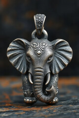 Fototapeta premium A delicate elephant charm with its trunk raised, symbolizing good luck, on a simple, monochromatic background,