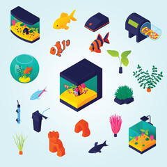 Aquariums shapes types tanks fishbowl isometric fish aquatic plants oxygen pumps filters accessories icons set vector illustration