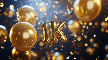 Glittering "1K" Gold Foil Balloons with Flying Confetti Celebrating 1,000 Subscribers in a Festive Atmosphere