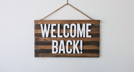 welcome back lettering on hanging sign board on plain white background
