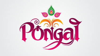The word Pongal is written in a festive colorful font with floral motifs and teardrop elements The vibrant color palette of pink orange green and purple adds to the celebration