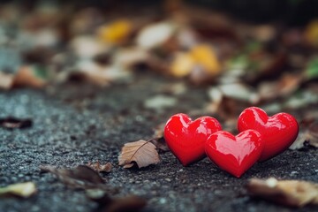 Fototapeta premium A pair of red hearts lying on the grass, perfect for romantic or Valentine's Day-themed projects