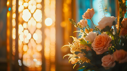 A Romantic Art Deco Wedding Ceremony in a Grand Ballroom with Enchanting Geometric Patterns and Floral Accents