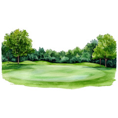 Fototapeta premium Tranquil Green Landscape Featuring Lush Trees and Open Fields Under Clear Blue Sky