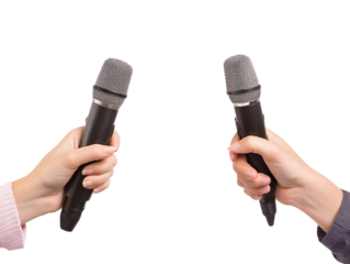 A journalist's hand holding a microphone isolated against a transparent background, ideal for media-related content, interviews, or news reporting themes.