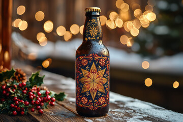 A holiday-themed beer bottle with intricate designs and festive symbols like stars and holly, placed on a monochromatic backdrop,