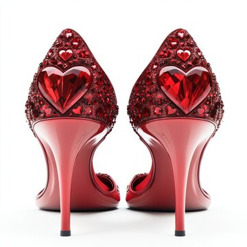 Red high heels with heart-shaped decorations isolated on white background