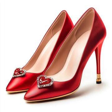 Red high heels with heart-shaped decorations isolated on white background