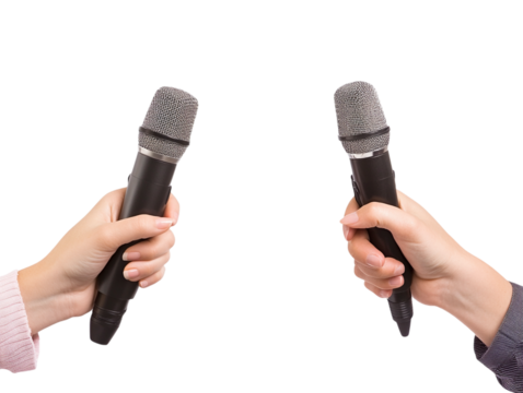 A journalist's hand holding a microphone isolated against a transparent background, ideal for media-related content, interviews, or news reporting themes.