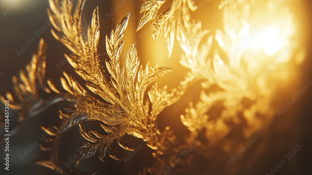 Poster Close-up of intricate frost patterns illuminated by warm light.