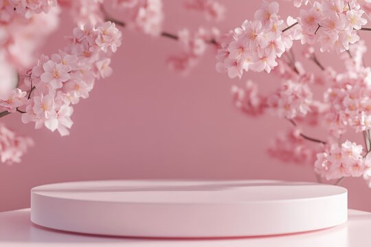 A simple yet elegant still life featuring a white plate on a table with pink flowers in the background, perfect for use in food photography, interior design or as a decorative element