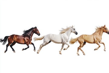 Three horses galloping in motion on a white background, featuring brown, white, and golden horses, ideal for posters, banners, and animal-themed designs.

