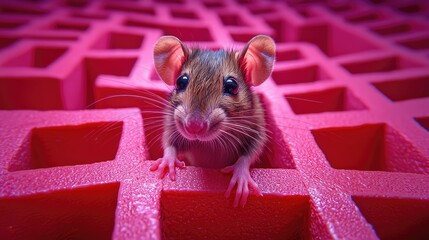 In a lively setting, a curious rat navigates a bright, geometric maze, embodying playfulness and intelligence as it explores each nook and cranny