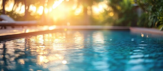 Fototapeta premium tropical resort swimming pool at sunrise with soft focus on water and lush greenery in the background creating a serene atmosphere