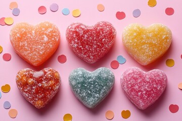 Obraz premium Four heart-shaped candies placed on a pink surface