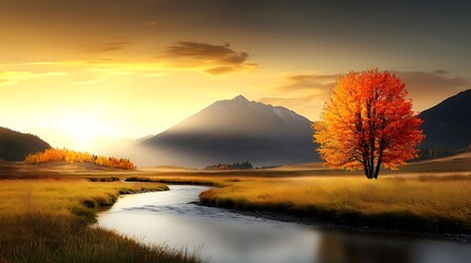 High-resolution panoramic image of a vibrant, sunlit meadow featuring vivid colors, detailed grass, a gently flowing river, and colorful trees under a crystal-clear sky, 