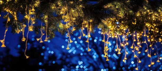 Enchanting bokeh effect featuring warm small lights hanging against a dark blue backdrop evoking a festive and magical atmosphere