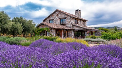 Charming vintage cottage winery surrounded by lush blooming lavender fields under a cloudy sky in a picturesque landscape.