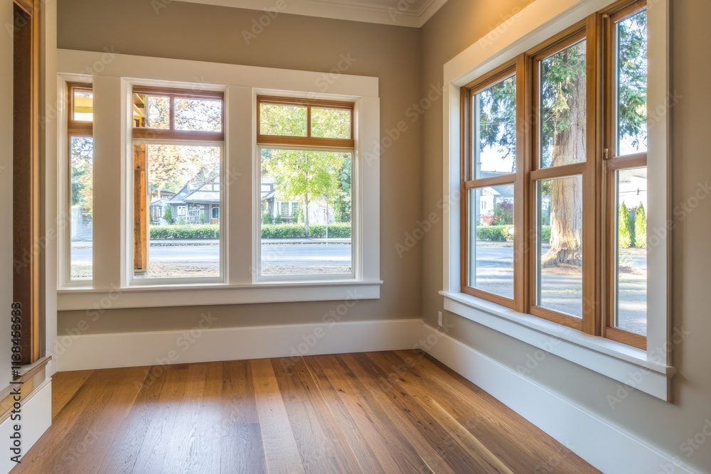 Poster a simple room with three windows and a wooden floor, ideal for interior design or architecture proje