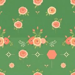 Fototapeta premium Floral Green Pattern: A charming and whimsical seamless pattern featuring delicate peach roses, lush green foliage, and geometric accents on a vibrant green background.