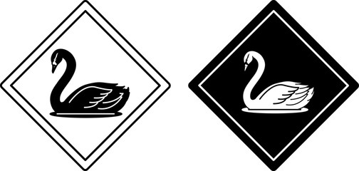 Swan Road Signs. Black and White Vector Icons. Waterfowl. Road Sign Warning Animals Crossing The Road. Zoo Sticker