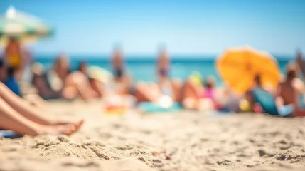 Foto op Canvas Blurred beach scene with people relaxing under umbrellas showcasing a vibrant summer atmosphere and sandy shoreline in the background © Rizvan