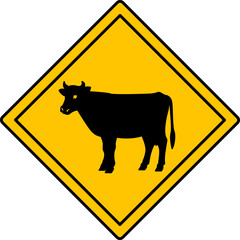 Yellow Road Sign Cow. Vector Icon. Road Sign Warning Animals Crossing Road. Farm, Cattle. Sticker for Zoo