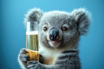 A koala bear holding a glass of beer
