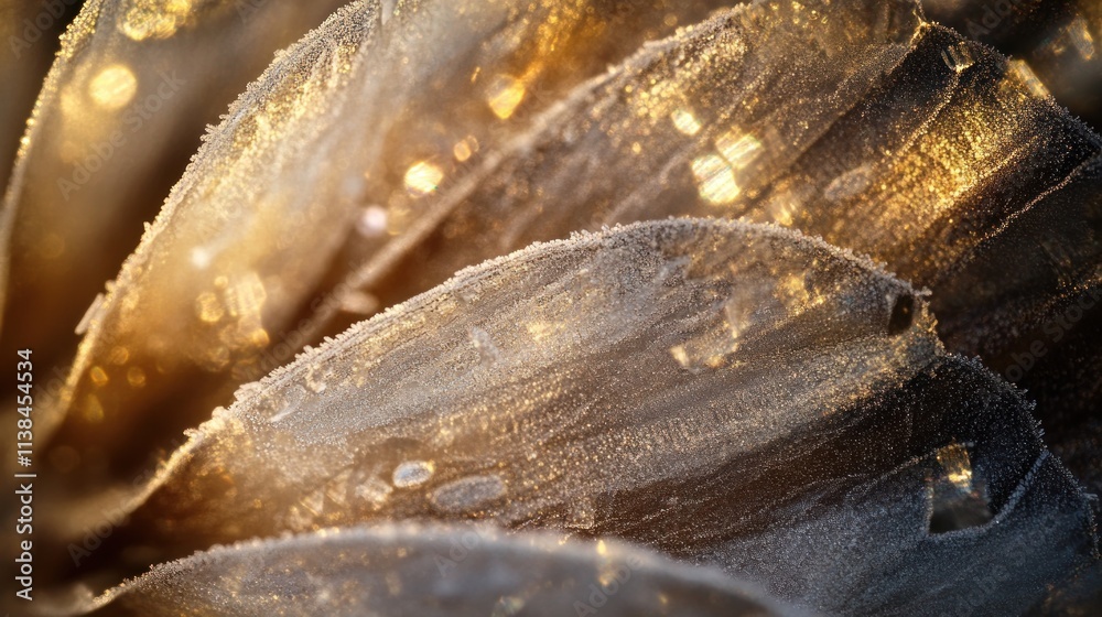 Poster close-up of textured plant material with shimmering highlights and frost-like details.