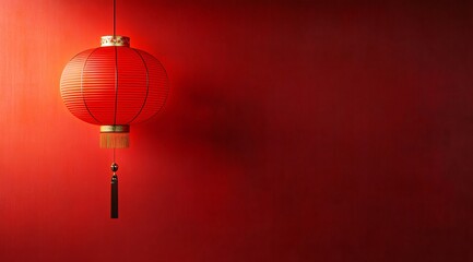 Obraz premium A serene red paper lantern sways against a bold crimson wall, ideal for Chinese New Year celebrations, cultural events, or festive decorations, with ample copy space.