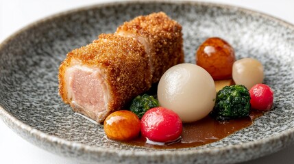 Crispy breaded pork loin with roasted vegetables and sauce.