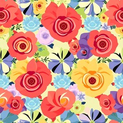 Vibrant Floral Fiesta: A lively and colorful seamless pattern bursting with a profusion of stylized flowers in bold hues. Perfect for textile design, wallpaper, or any project needing a cheerful.