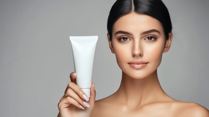 Portrait of a Beautiful Woman Holding a Tube of Skincare Cream Against a Soft Gray Background, Showcasing Natural Beauty and Radiant Skin